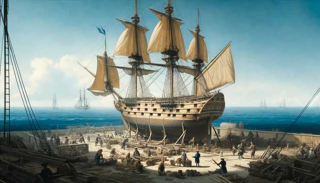 a busy shipyard with the ocean in the background